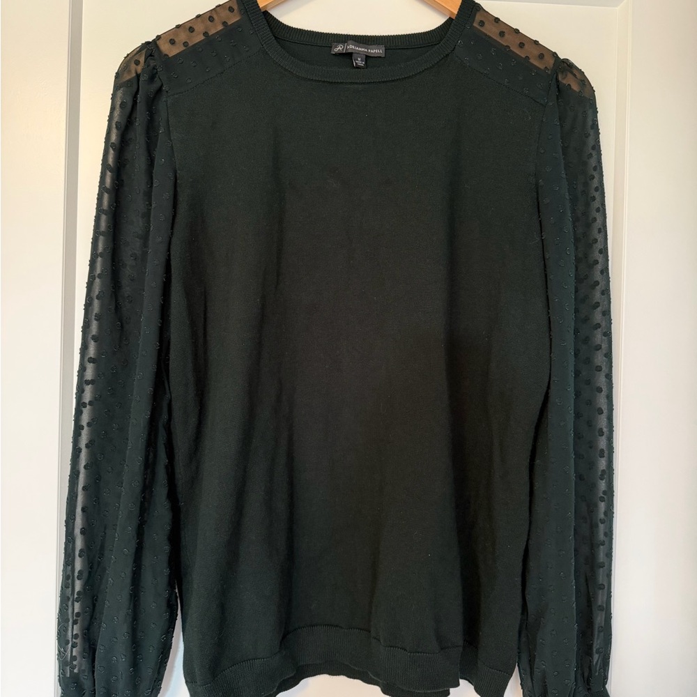 Chic Forest Green pSweater with Sheer Polka Dot Sleeves